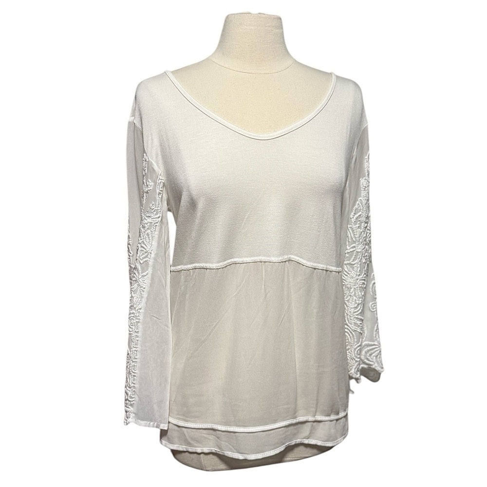 Elisa Cavalleti Sheer Ornate Italian Embroidered Ivory Longsleeve Top US Size 10